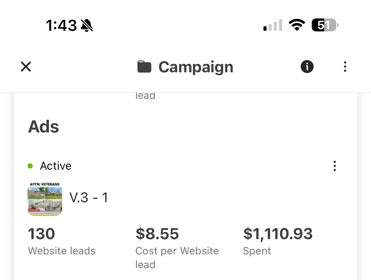 Campaign snapshot showing 130 website leads at 8 dollars and 55 cents each