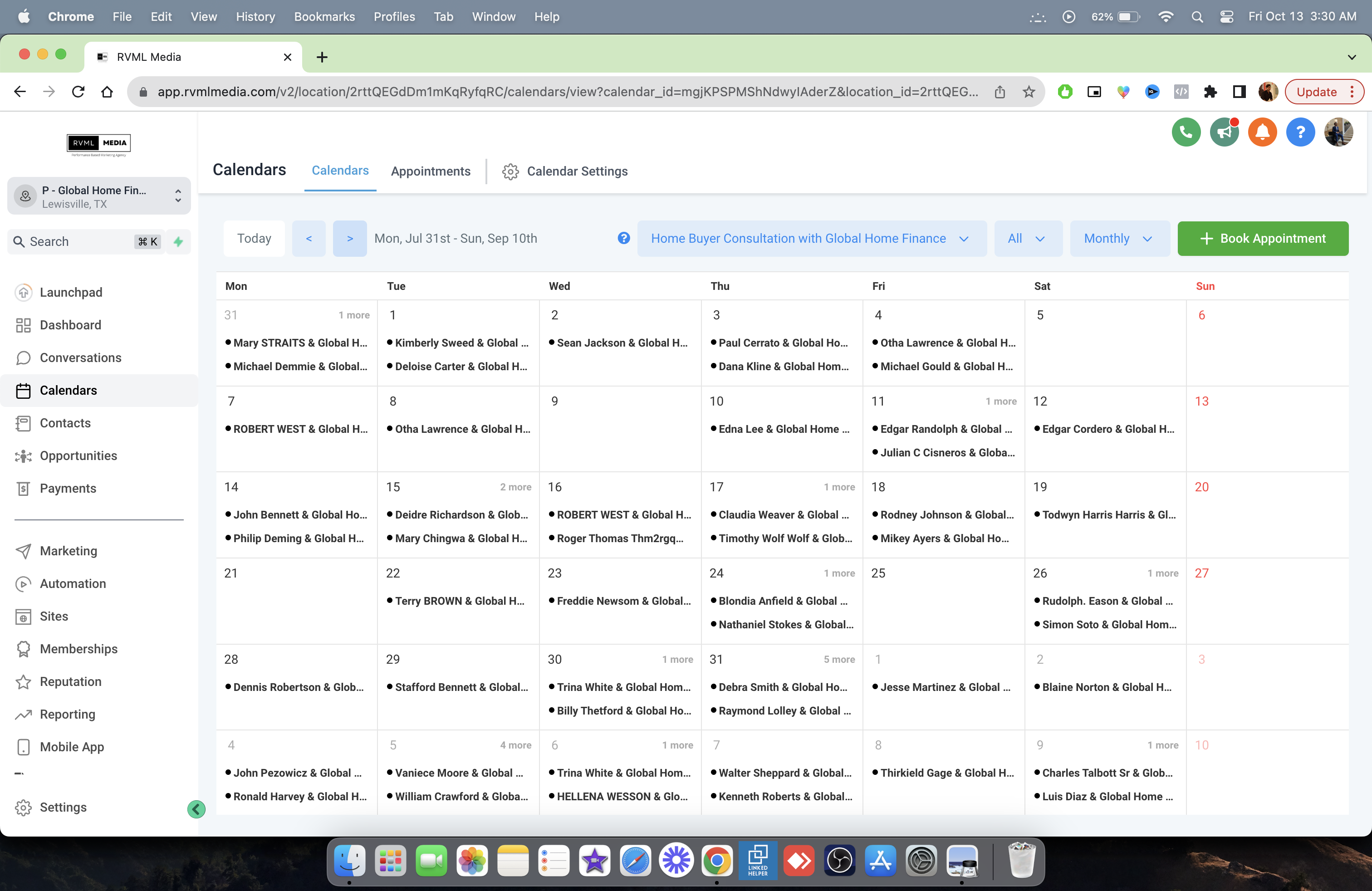 Booked appointments calendar from August 2023